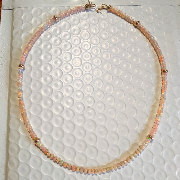 14k Yellow Gold Baby Pink Ethiopian Opal Beaded Gemstone Gold spacers Necklace - Picture 3 of 13